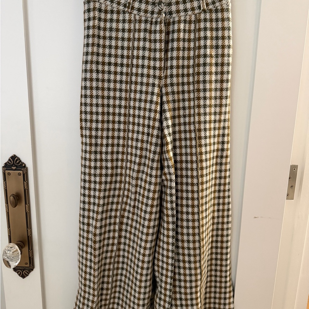 High-Rise Wool Stretch Wide Leg Houndstooth Pants in Black, White & Brown